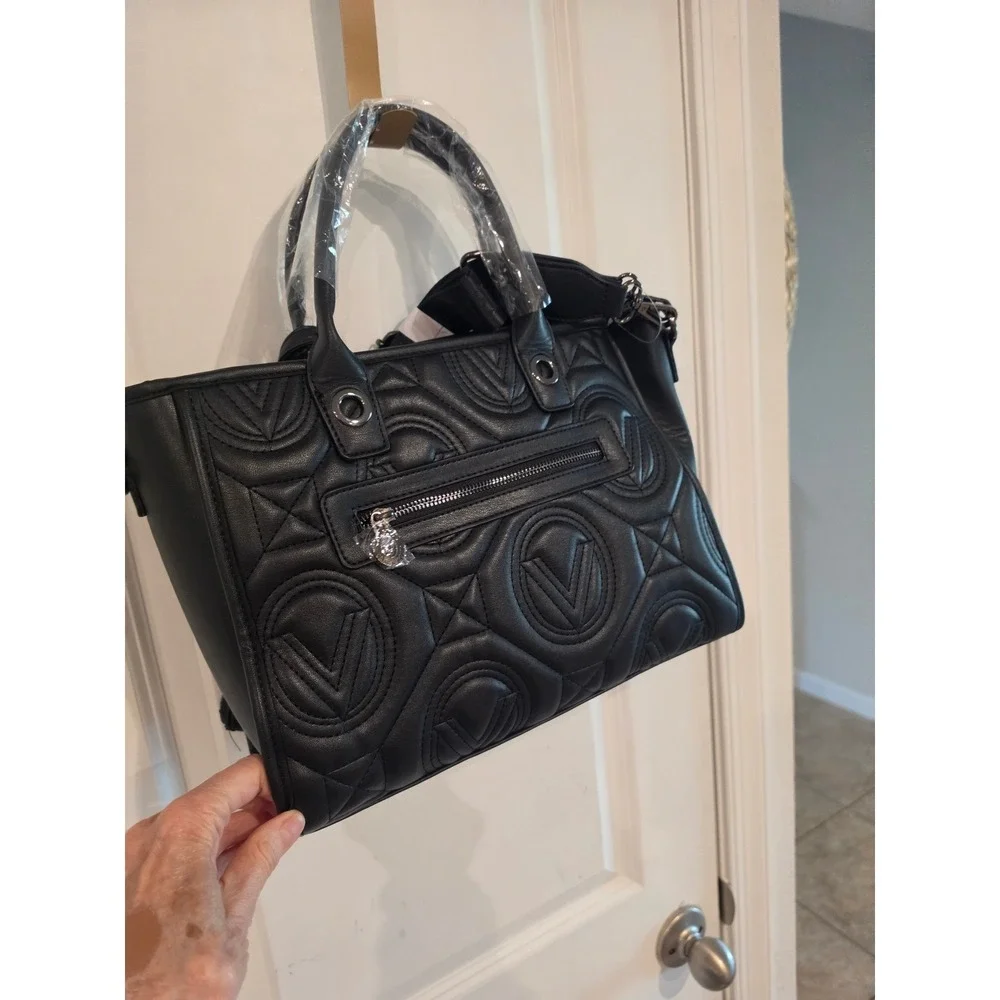 Valentino‎ Orlandi Black Quilted Tote Bag Crossbody with Pouch V-4001G Gunmetal
